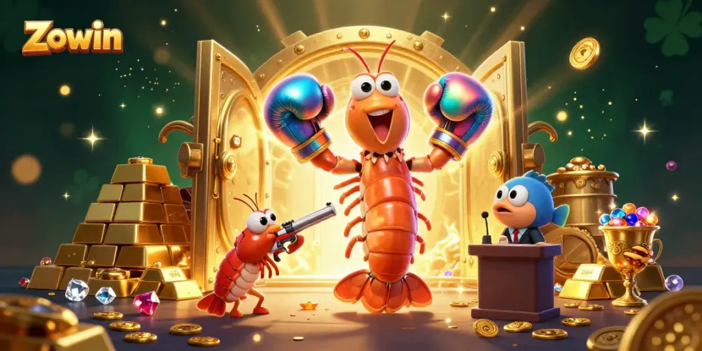 Zowin showcases thrilling casino experiences with vibrant shrimp characters and sparkling treasure.