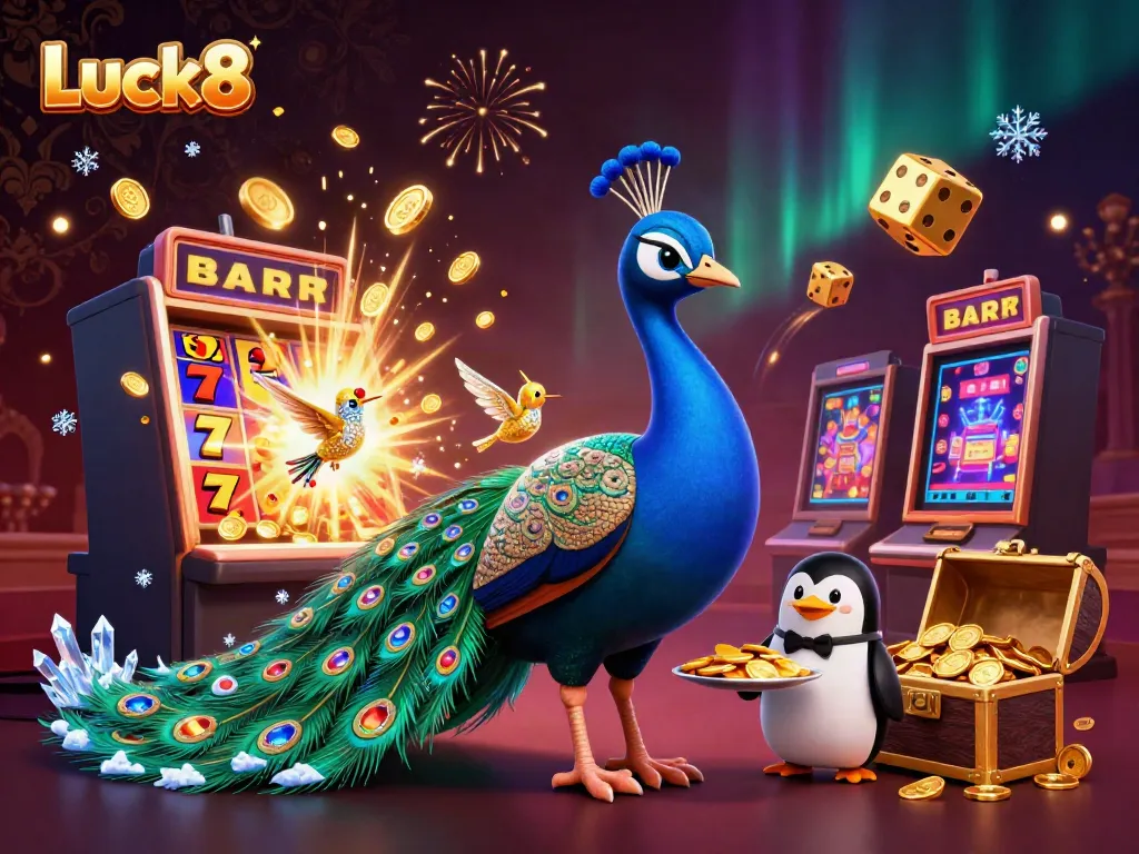Experience the vibrant world of Luck8 with a peacock, penguin, and hummingbird amidst jackpot elements.