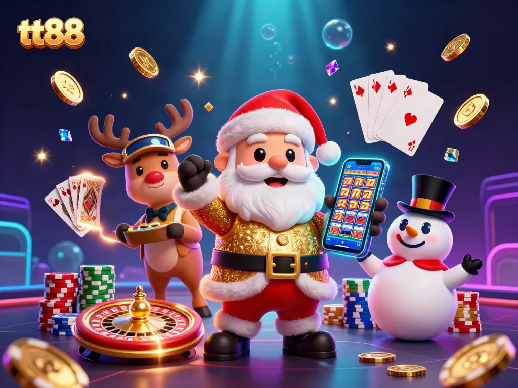 Celebrate winning moments with tt88 in a vibrant casino scene featuring slot machines, cards, and festive characters.
