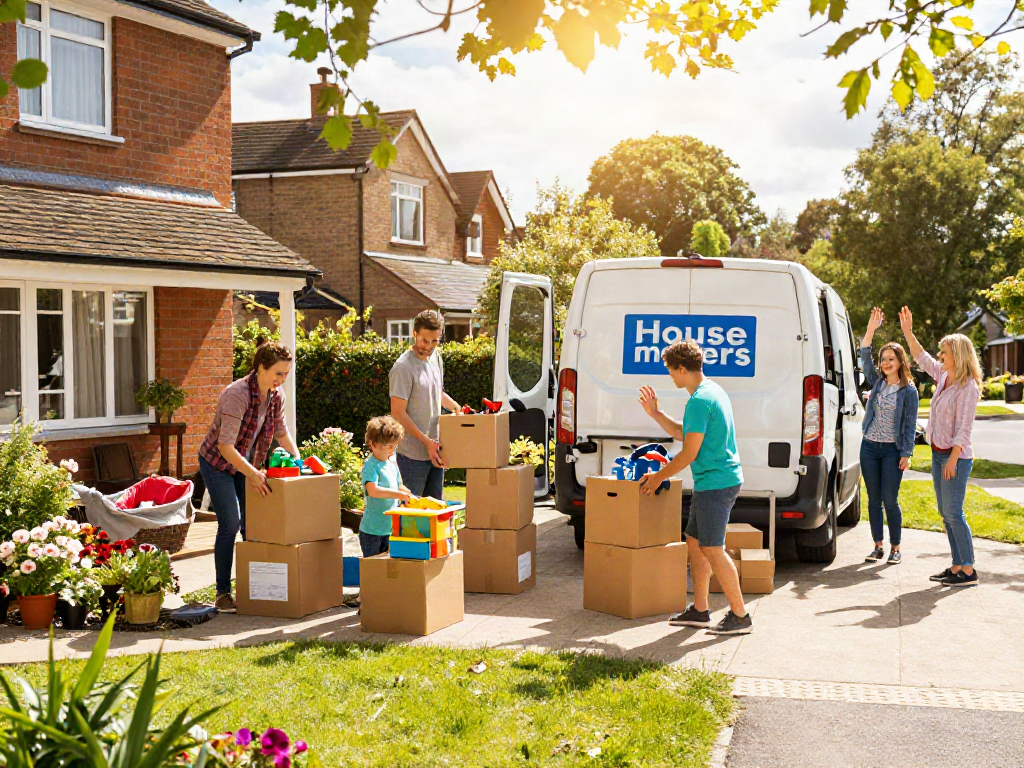 House movers Luton assist a family unpacking in front of their new home during a lively moving day.
