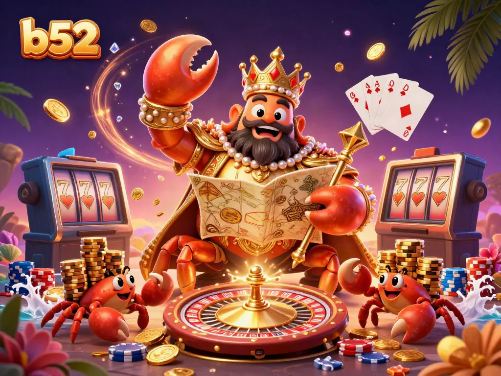 Experience the vibrant world of b52 casino with golden crab emperor surrounded by games and treasures.