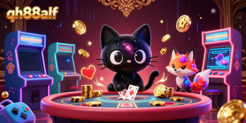Experience thrill at qh88alf's cosmic casino with vibrant characters and gaming elements.