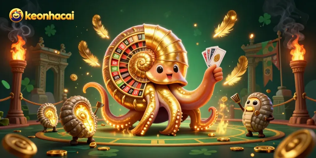 Bet the odds with keonhacai in a vivid 3D casino adventure illustration featuring mythical themes.