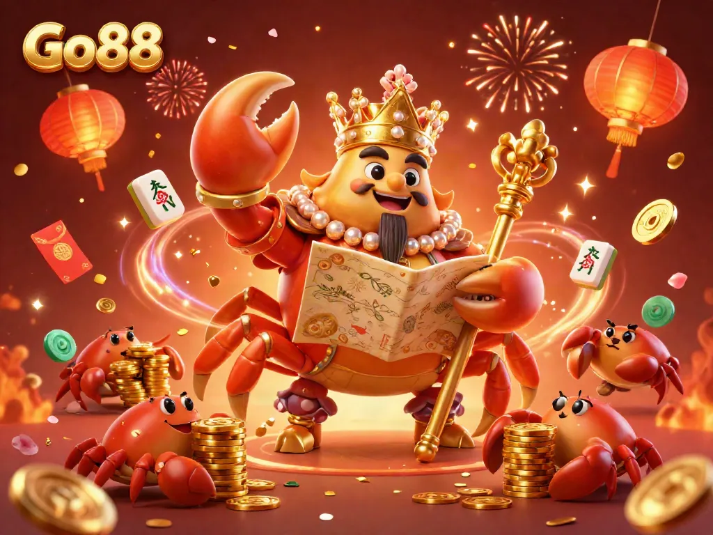 Engage with Go88's golden crab emperor amid festive gambling elements, celebrating victory.