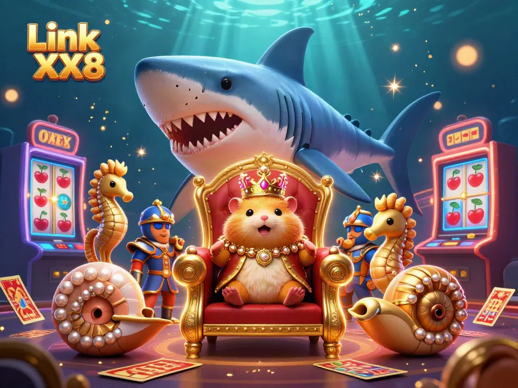 Experience the excitement of Link XX8 in a vibrant casino scene with a golden hamster king and dynamic game elements.