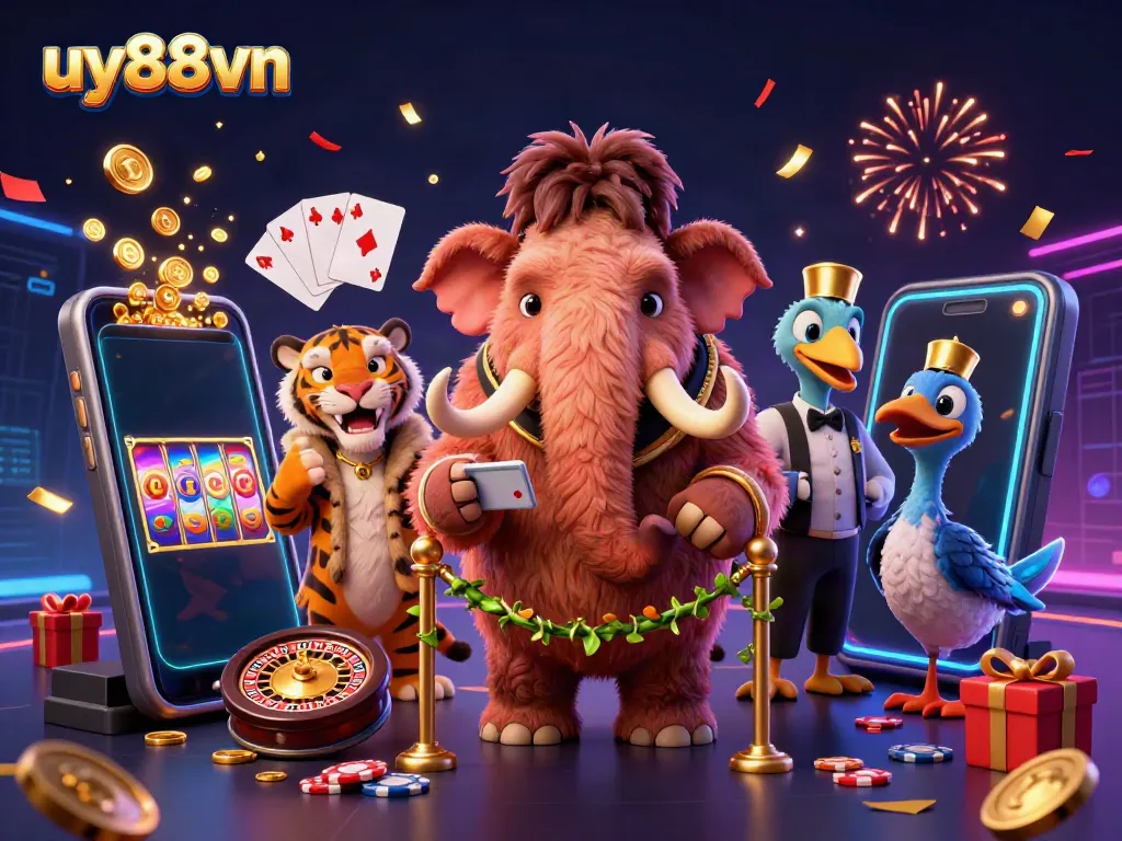 Spin the reels at uy88vn with a cartoon mammoth bouncer, saber-tooth tiger, and dodo doorman.