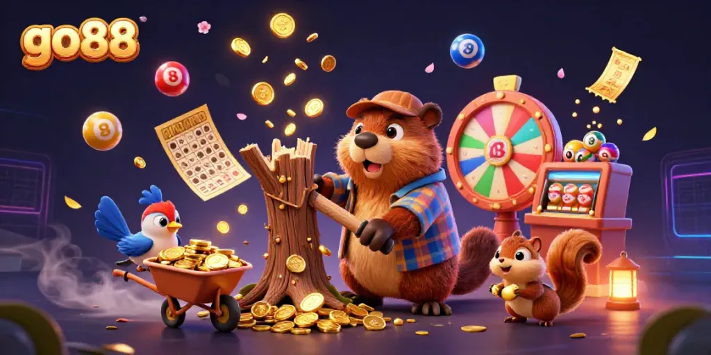 Engage with the dynamic world of go88 through a thrilling 3D casino adventure illustration.