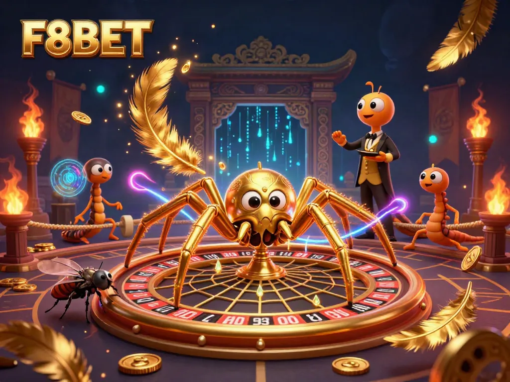 Engage in vibrant gameplay at F8BET, where a golden spider and croupier spin the roulette wheel.