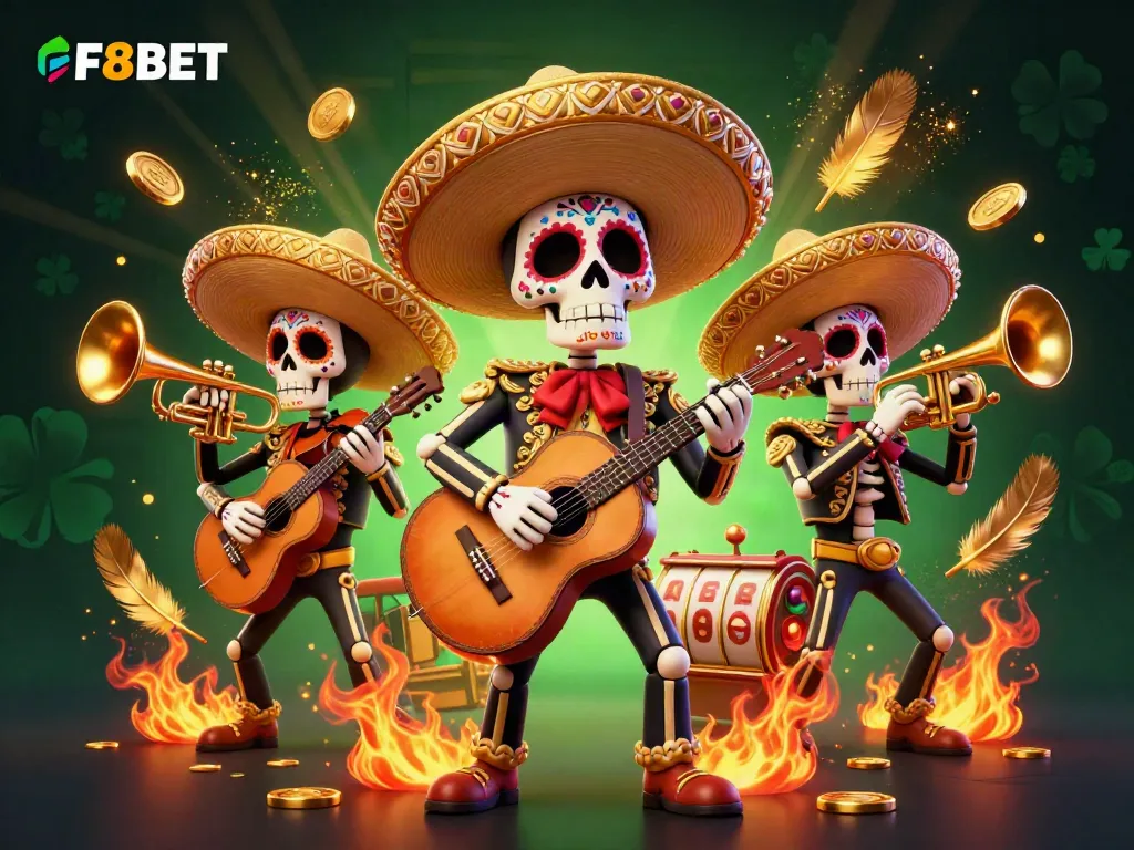 Experience the vibrant energy of F8BET with a mariachi band amidst casino game elements.
