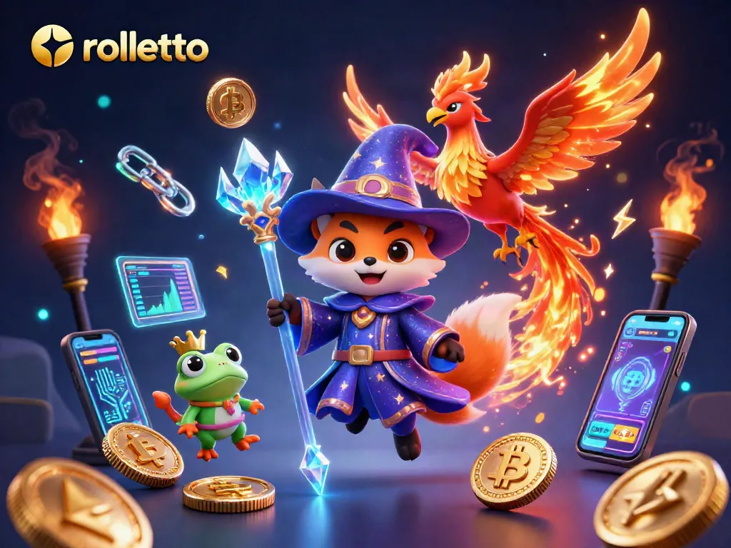 Engage with rolletto's immersive gaming experience featuring a wizard fox, phoenix, and crypto elements.