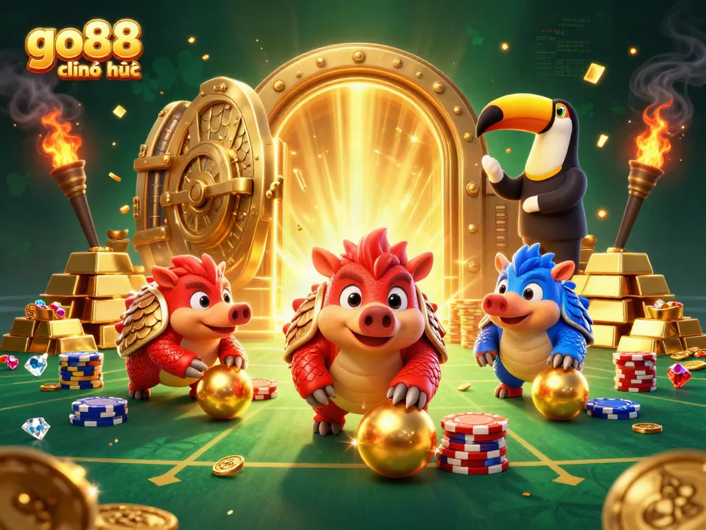 Experience go88 chính thức with rival pangolins rolling through golden balls in a casino scene.