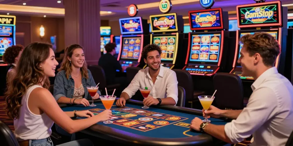 Players enjoying slots not on GamStop in a vibrant casino atmosphere with cocktails.