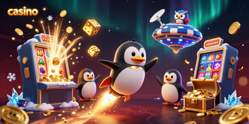 Engaging casino scene with a golden penguin and vibrant jackpot explosion, showcasing thrilling gaming.