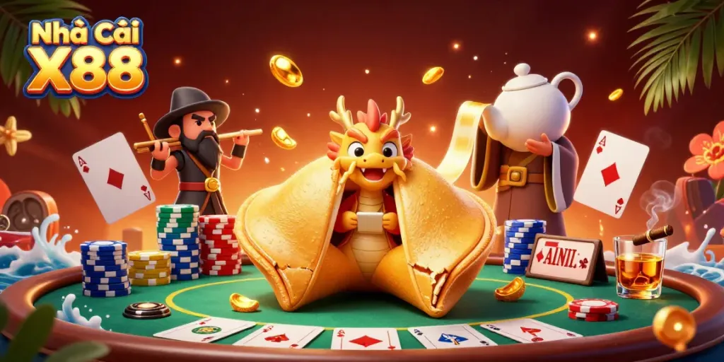 Engage with Nhà cái X88 through a dynamic 3D casino scene featuring poker elements and playful characters.
