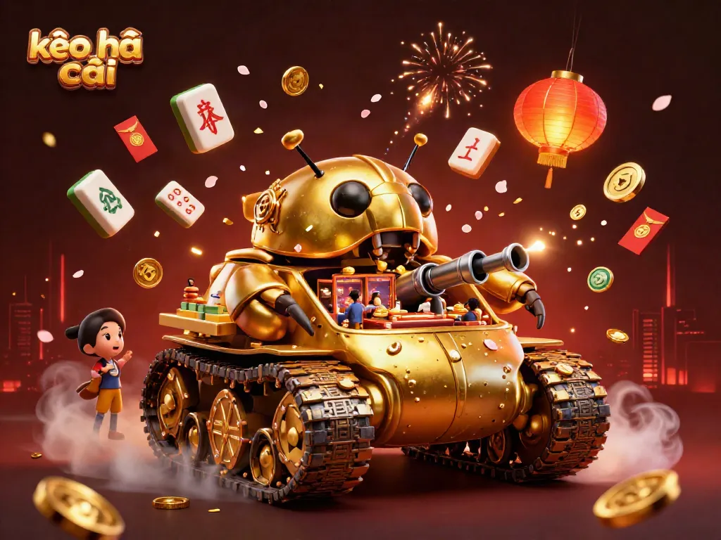 Engage with kèo nhà cái through a vibrant 3D illustration showcasing a golden beetle tank casino bursting with excitement and game elements.