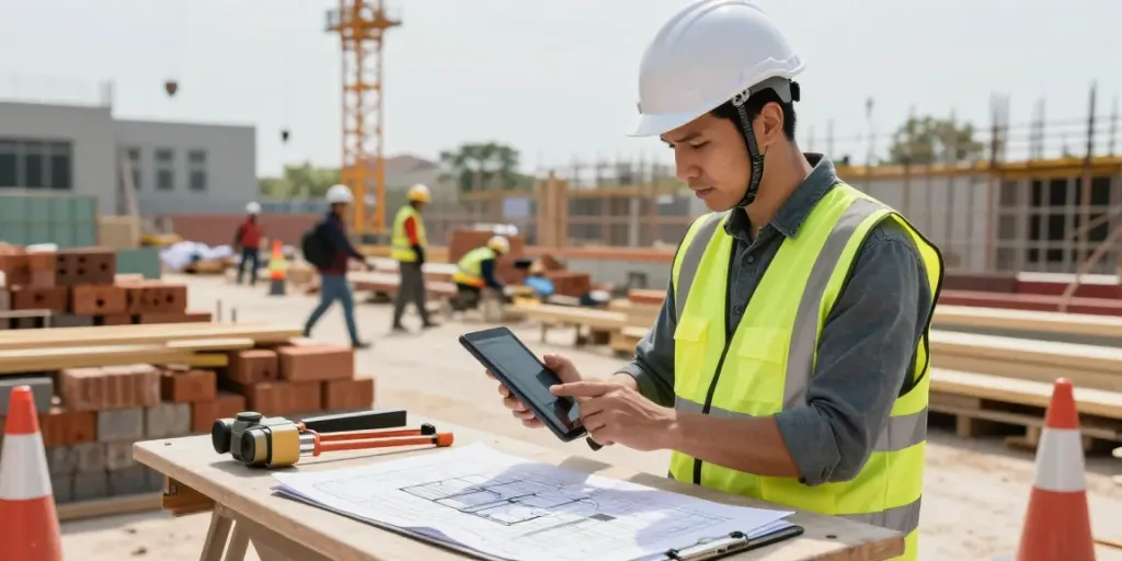 Quantity takeoff services in action at a construction site with a surveyor reviewing plans and cost estimates.