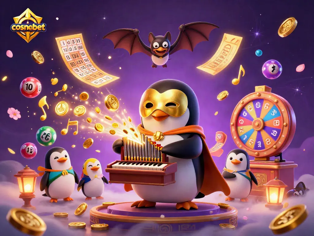 Experience gaming excitement with cosmobet as a cartoon penguin plays a magical organ amidst a sparkling casino world.
