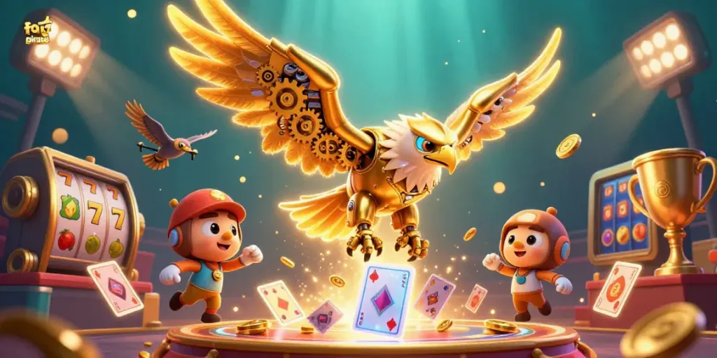 Experience the thrill with fatpirate as a cybernetic eagle dives amongst colorful slot reels.