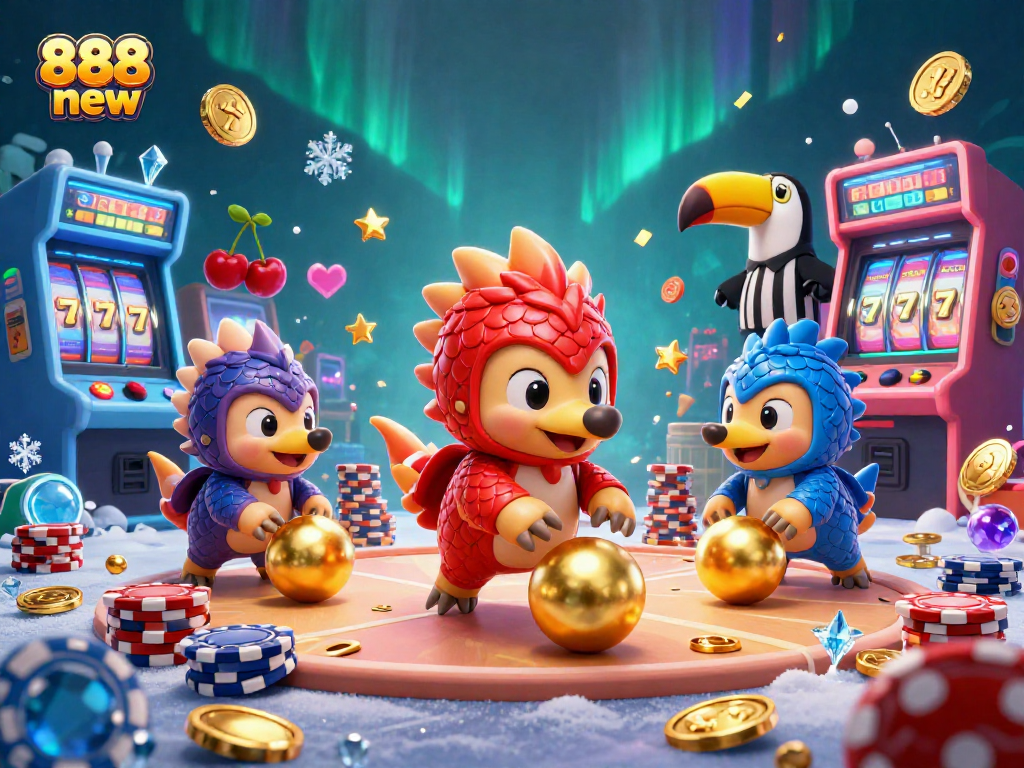 Compete at 888 new with rival pangolins enjoying a colorful casino arcade game scene.