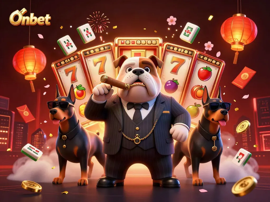 Experience the thrill at Onbet with a dynamic casino scene featuring a mafia bulldog and luxurious game elements.