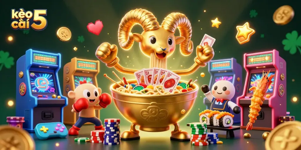 Experience thrilling gameplay with kèo nhà cái 5 as a giant ramen bowl deals cards amidst the casino chaos.