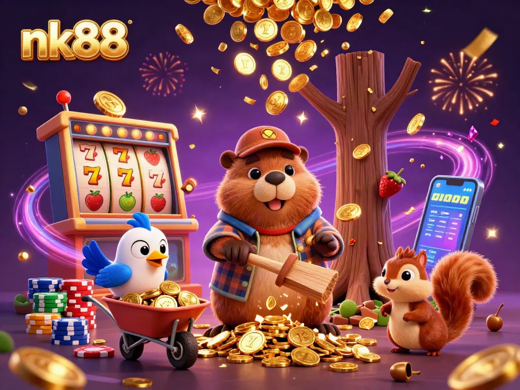 Experience thrilling nk88 action with a beaver, bird, and squirrel amid coins and vibrant slot reels.