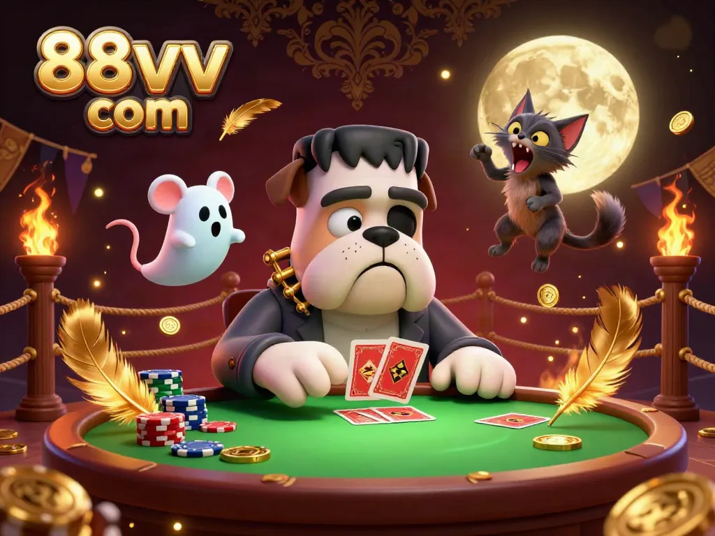 Engage with 88vv com's lively casino ambiance featuring a Frankenstein bulldog dealing cards.