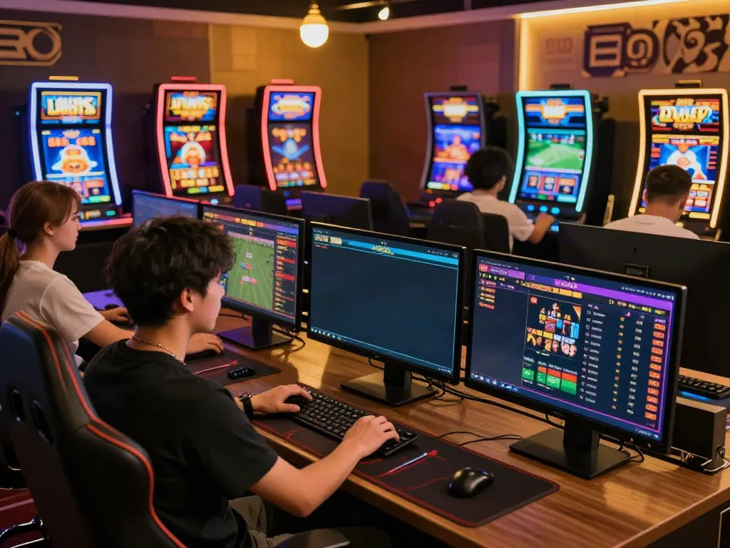 Vibrant online gaming setup showing users engaging with 8KBET for sports betting and live casino.