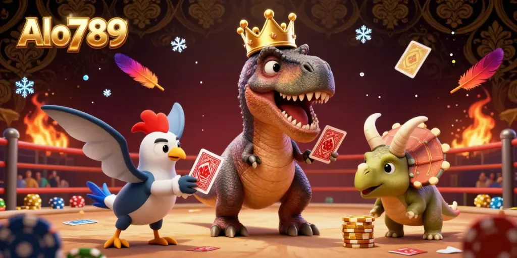 Alo789 showcases a vibrant scene with a crown-wearing T-Rex shuffling cards alongside colorful chip-stacking dinosaurs, celebrating a cockfighting event.