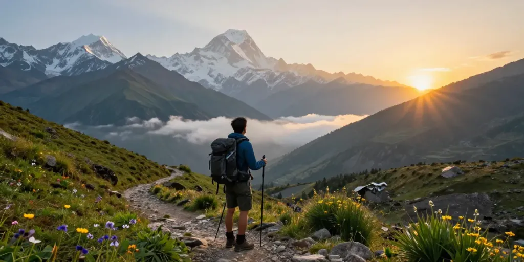 Vista del Manaslu Circuit con un viajero disfrutando de las montañas y el paisaje al atardecer.