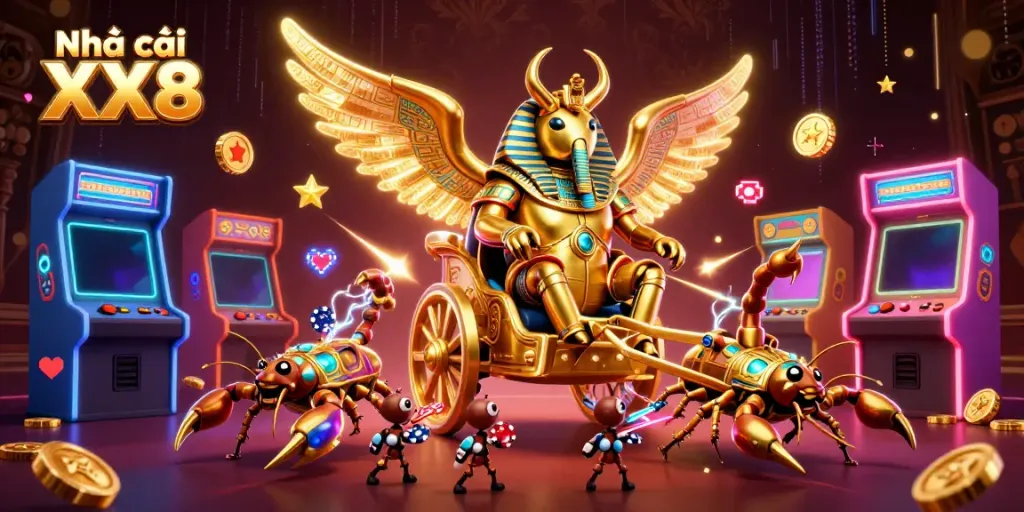 Engage in thrilling gameplay at Nhà cái XX8 with vibrant casino elements and lively characters.