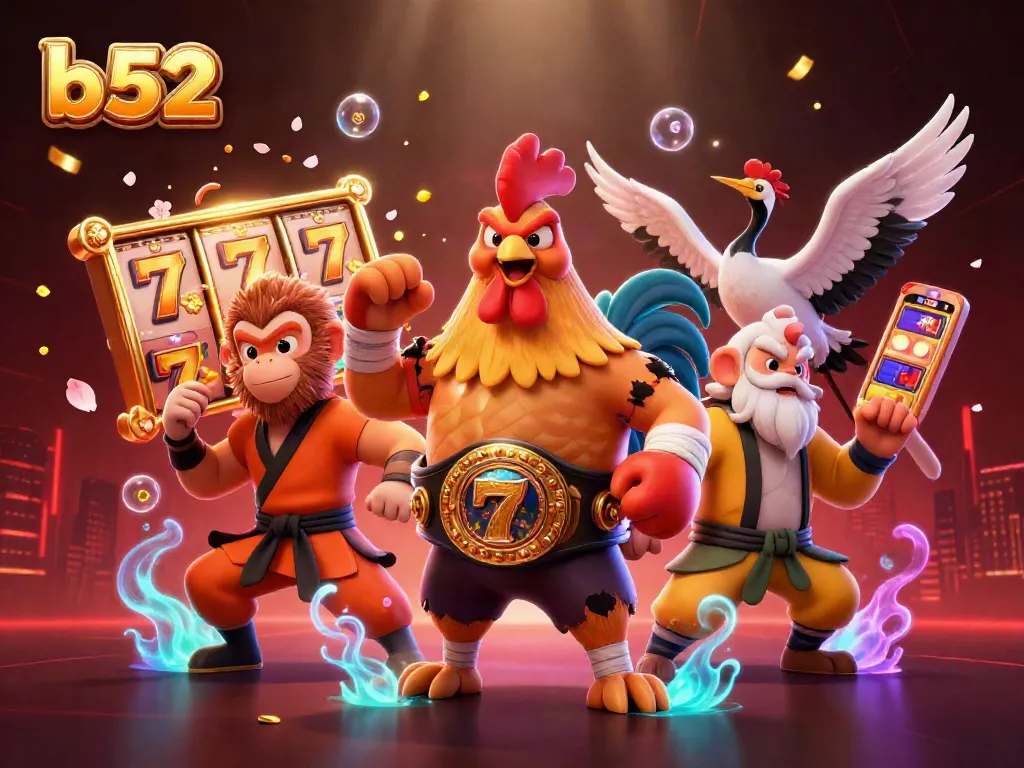 Engage with thrilling gameplay at b52, featuring dynamic slot reels and vibrant casino characters.