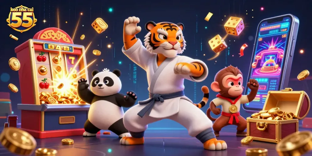 Engage with keo nha cai 55 as the kung fu master and panda disciple show winning poses in a vibrant casino scene.