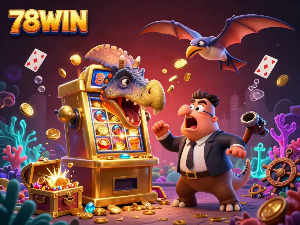 Experience the excitement of 78WIN with a pachycephalosaurus triggering a golden jackpot, creating a thrilling casino atmosphere.