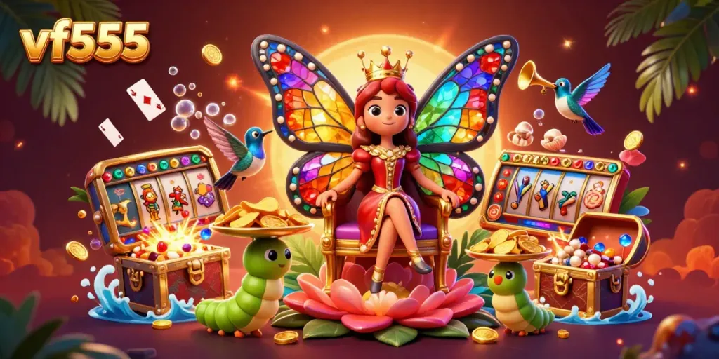 Experience thrilling casino excitement at vf555 with a vibrant illustration blending slots and jackpot elements.