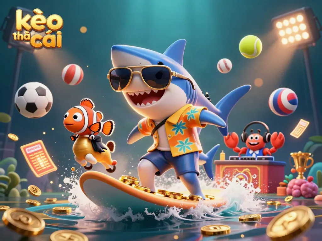 Engage with kèo nhà cái in a vibrant casino illustration featuring cartoon characters amidst sports balls and gold coins.
