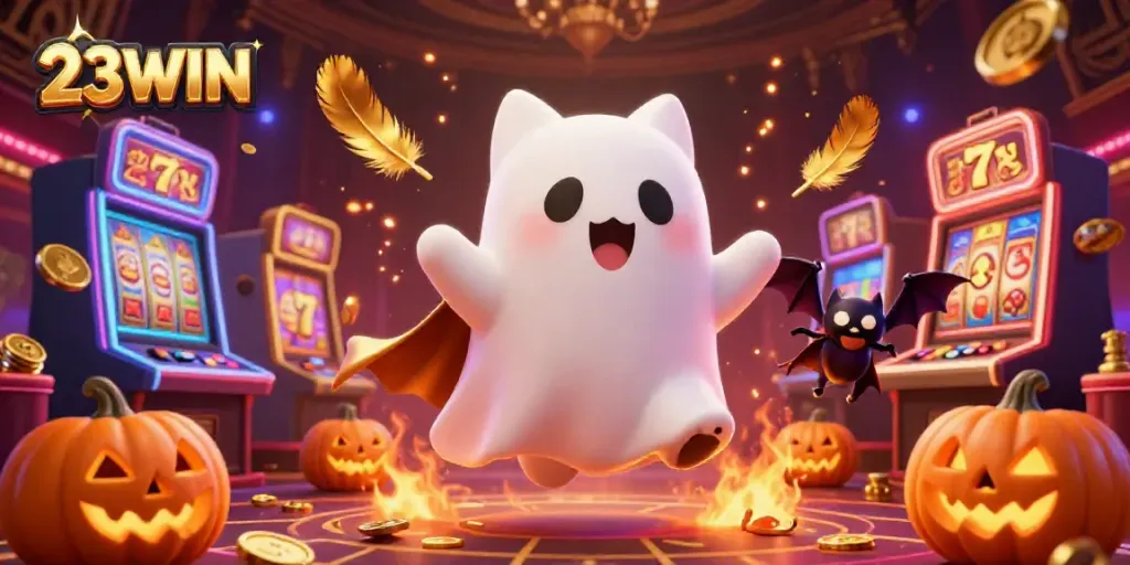 Experience the thrilling 23WIN casino atmosphere with a ghost cat and vibrant slot machines.