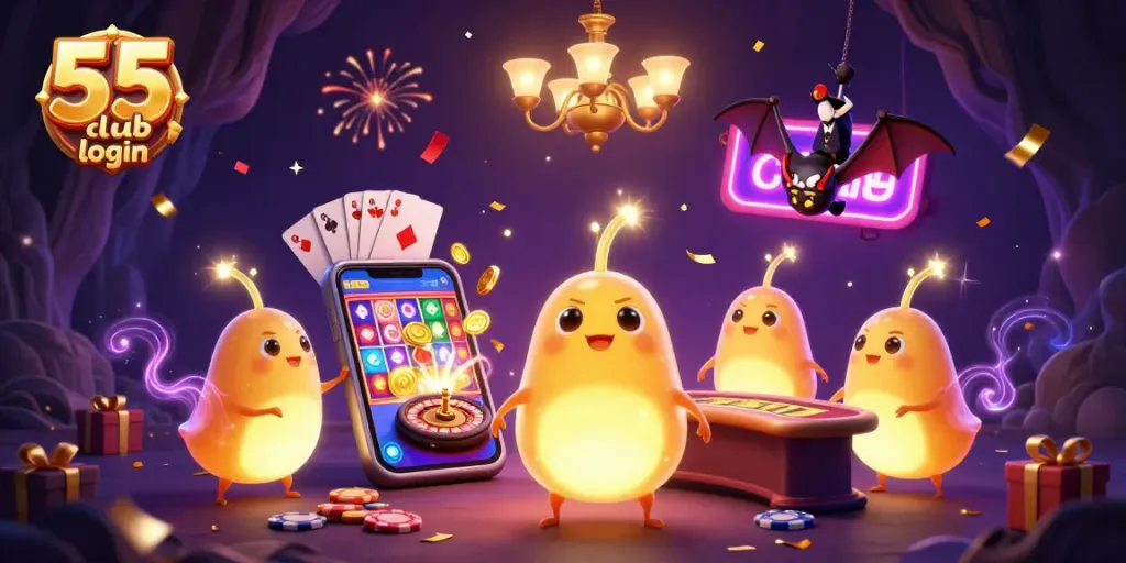 Play exciting games with seamless 55 club login in a vibrant, dynamic casino environment filled with glowworms and confetti.