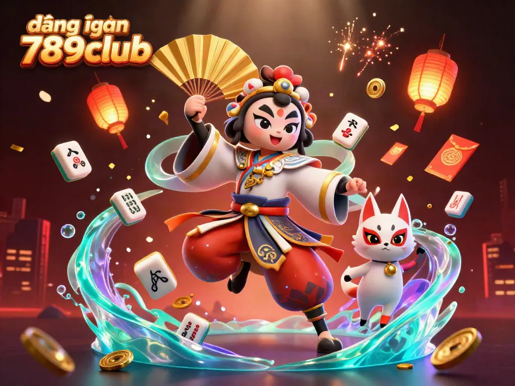 Experience gameplay at đăng nhập 789club with an energetic scene featuring a kabuki warrior, kitsune mask, and glowing casino elements.