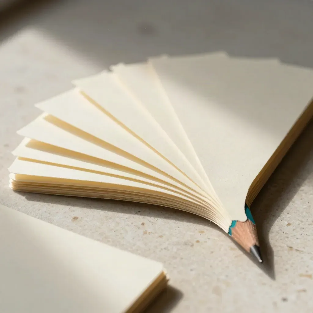 Fan-shaped index cards and a pencil arranged like branching tree paths on stone.