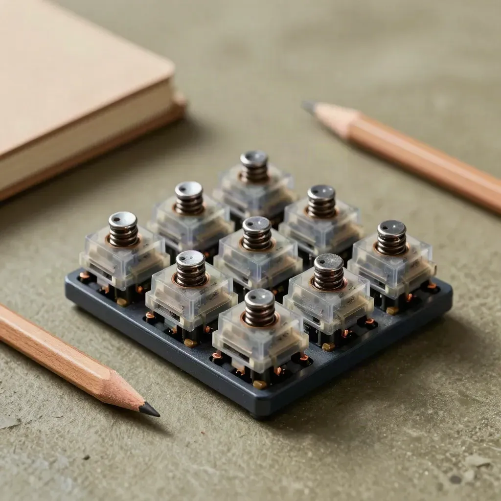 Macro still life of keyboard switches, pencil and closed notebook on stone.