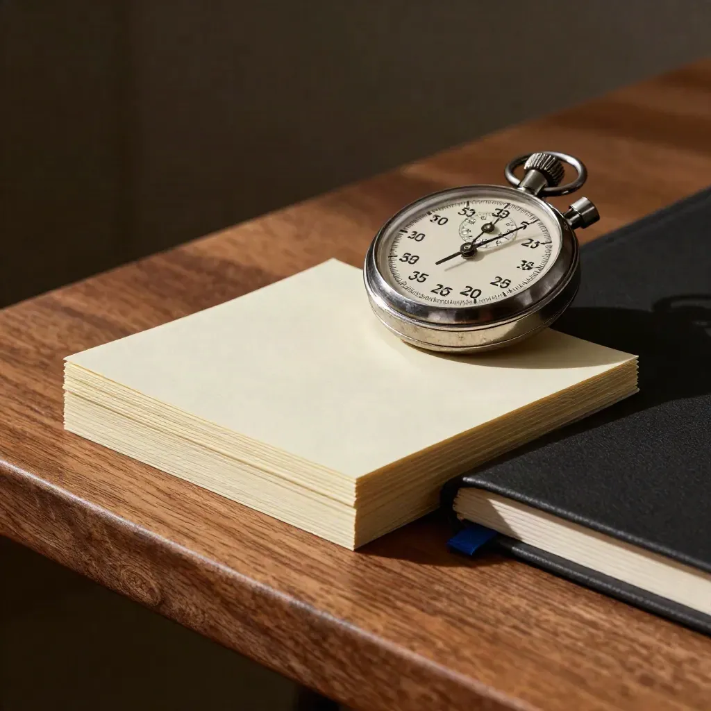 Steel stopwatch, stepped note cards, and notebook corner on walnut with dark bokeh light