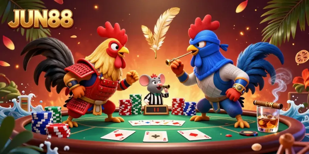 Experience the vibrant action of JUN88 with dynamic cartoon roosters battling on a poker table, showcasing thrilling gambling elements.