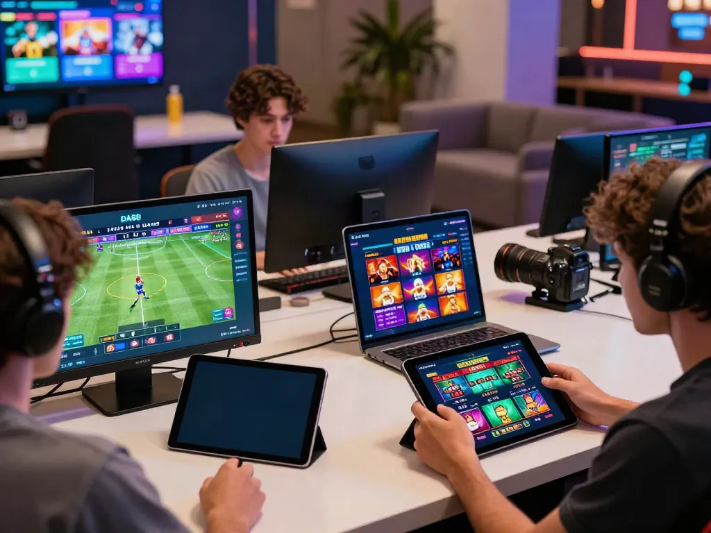 Engaged players exploring DA88 gaming options across devices, showcasing vibrant online betting.