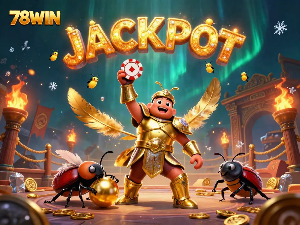 Experience the thrilling victory of the 78WIN hercules beetle in gladiator armor surrounded by gaming elements.