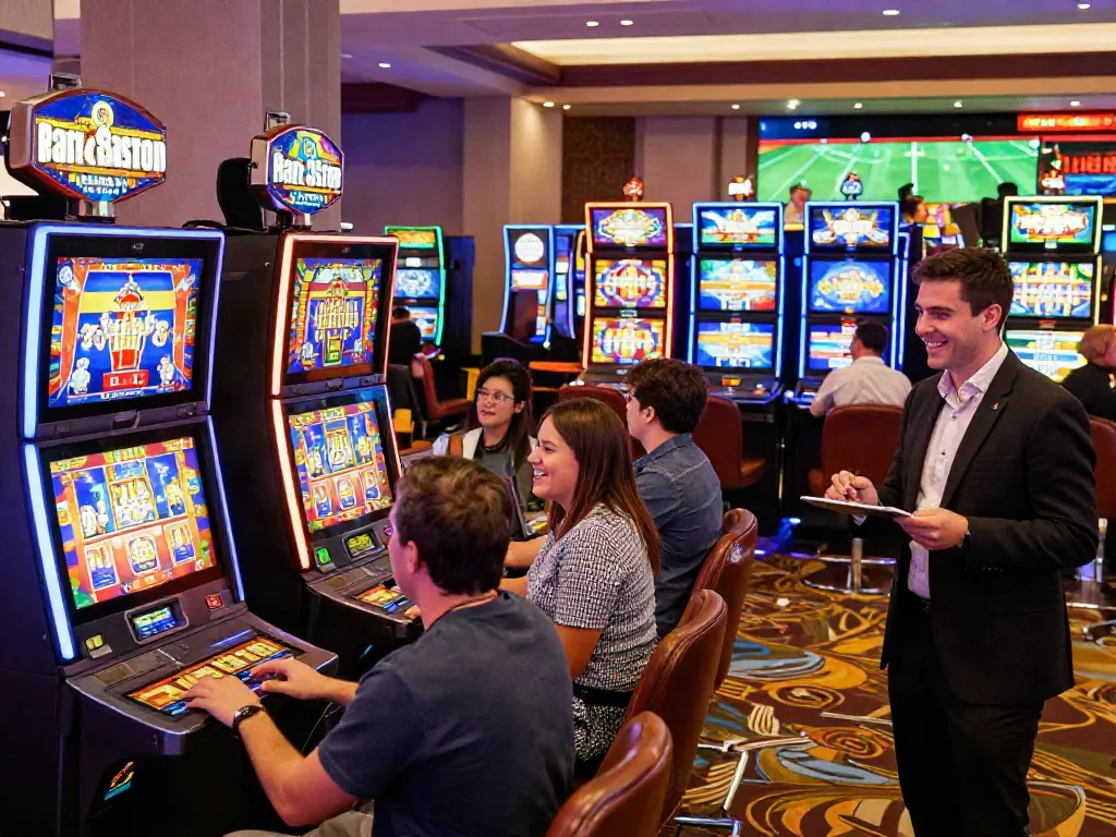 Engaged players enjoying slots not on GamStop in a vibrant casino setting with dynamic lights.