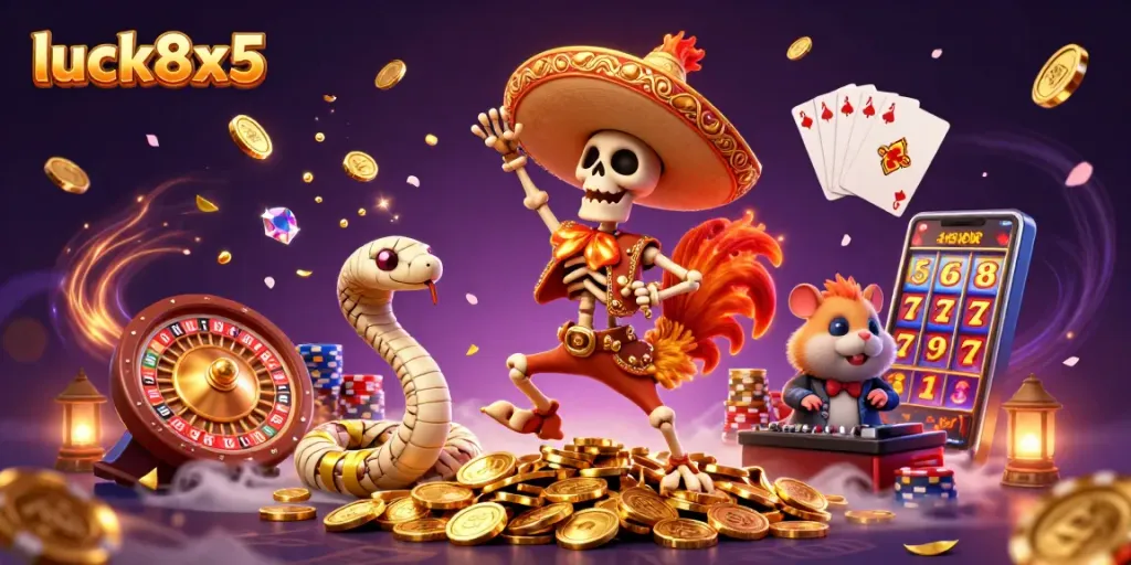 Experience the thrill of gaming at luck8x5 with a vibrant casino scene featuring animated characters and rich game elements.