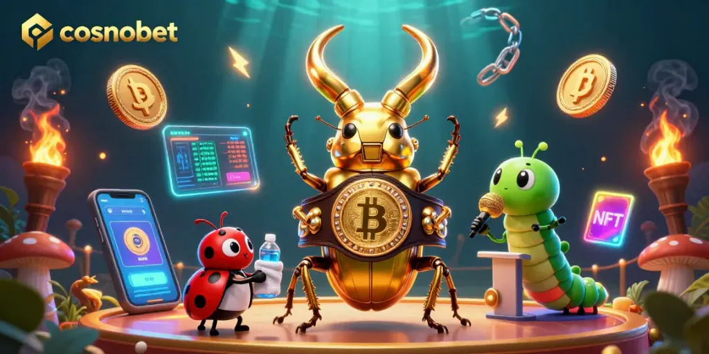 Experience the excitement of cosmobet with vibrant 3D illustrations of competitive gambling characters and crypto elements.