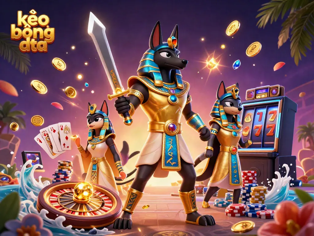 Experience kèo bóng đá action with a vibrant scene of ancient Egyptian characters amidst dynamic casino elements.