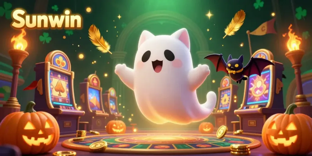 Experience the excitement of Sunwin with a friendly ghost cat and a vampire bat in a lively casino scene.